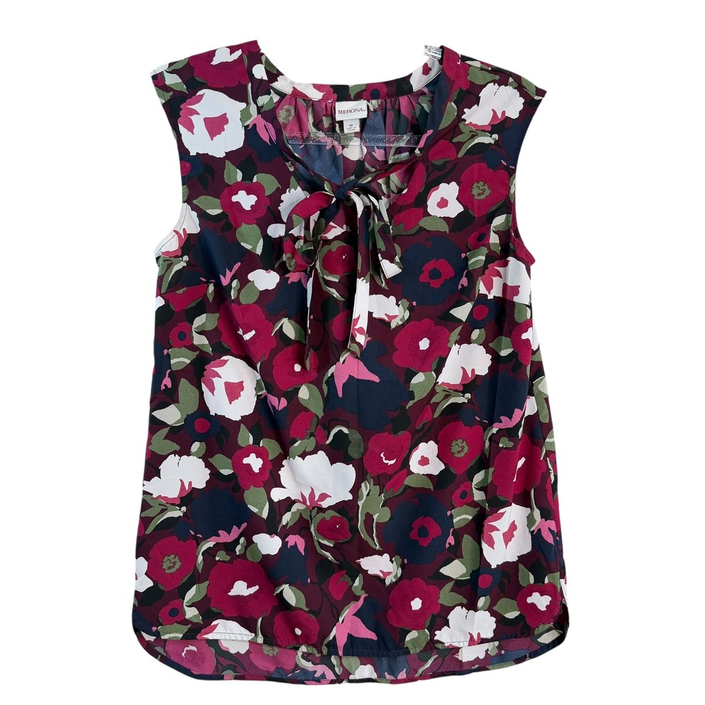 Merona Womens Floral Sleeveless Blouse Tie Neck Maroon Pink Green Size‎ Medium